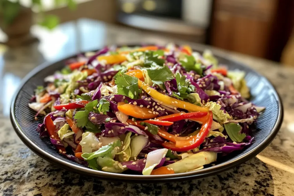 A colorful salad with shredded cabbage, bell peppers, and cilantro is served on a dark plate.