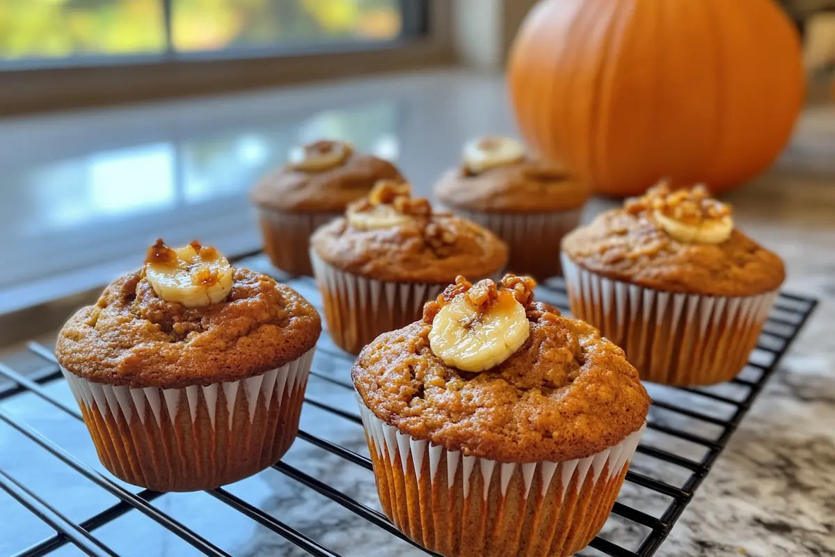 Six muffins, topped with caramelized banana slices and chopped walnuts, cool on a wire rack.