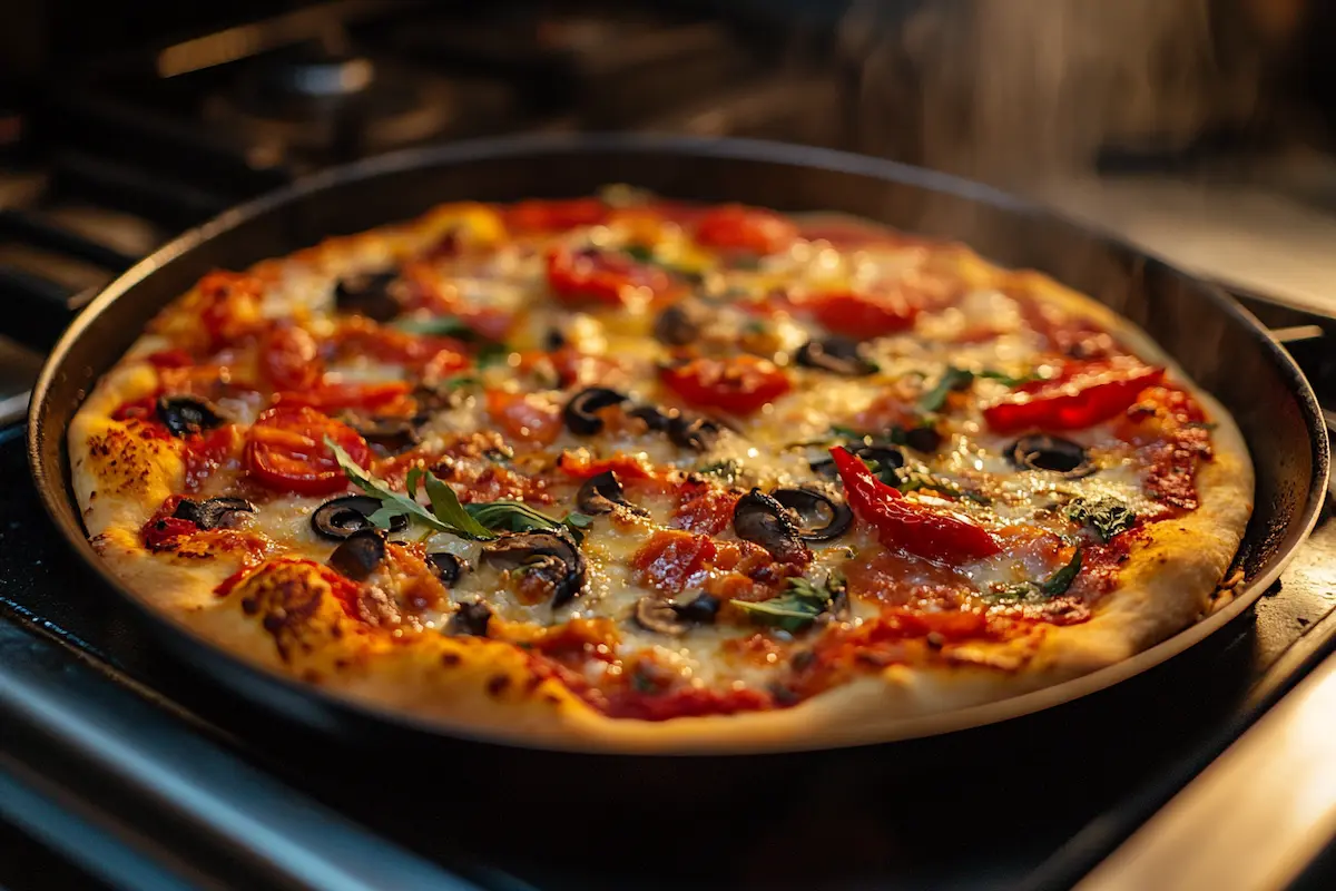 A freshly baked pizza with toppings sits in a cast iron pan in the oven.