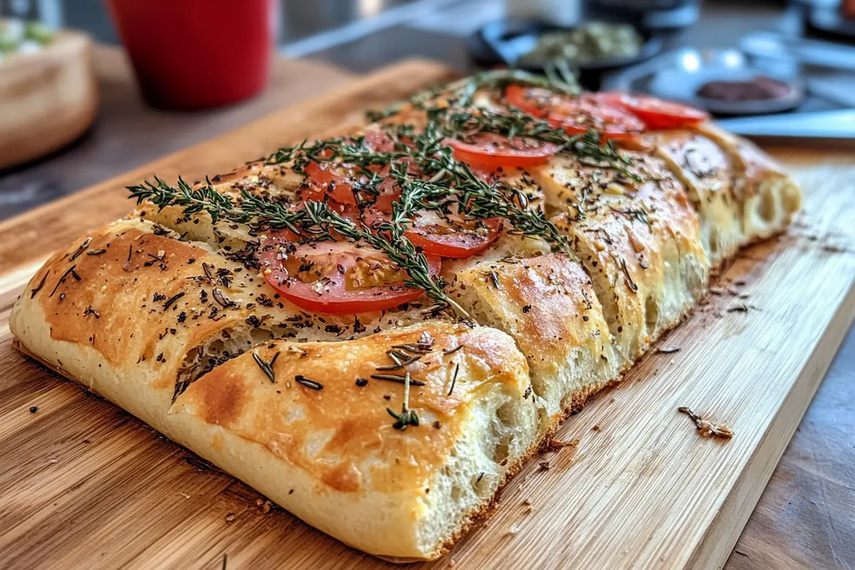 Freshly baked focaccia bread topped with tomato slices and herbs rests on a wooden cutting board.