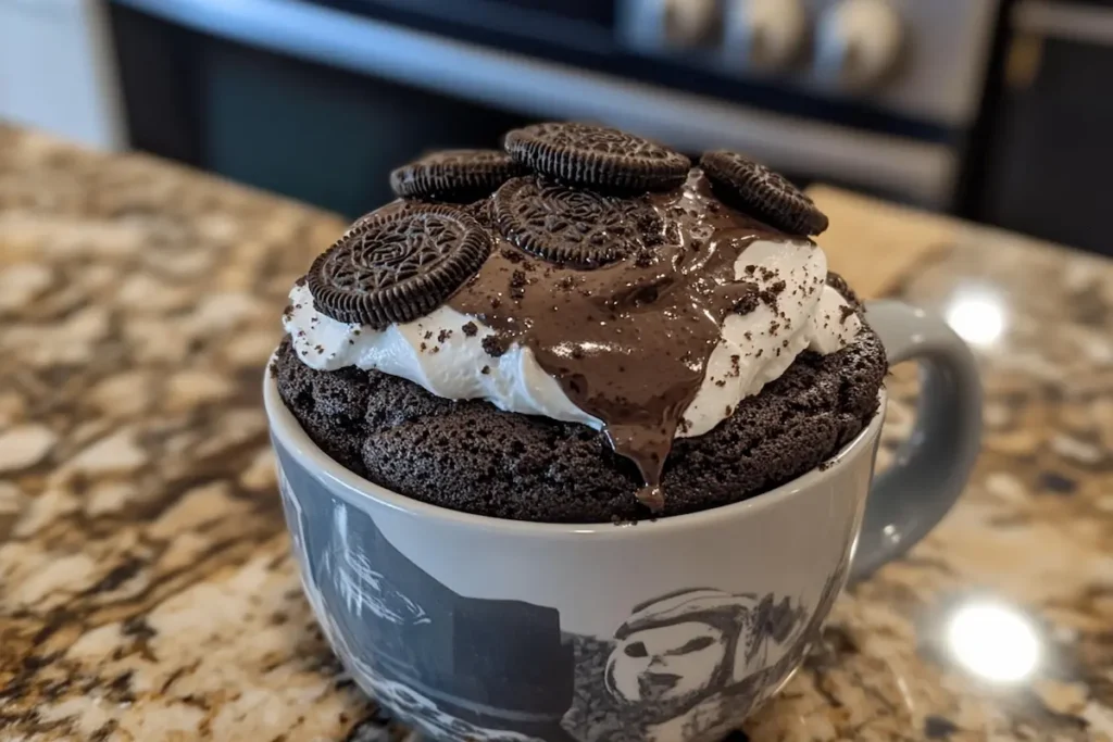 A chocolate mug cake topped with whipped cream, chocolate syrup, and Oreo cookies sits on a granite countertop.