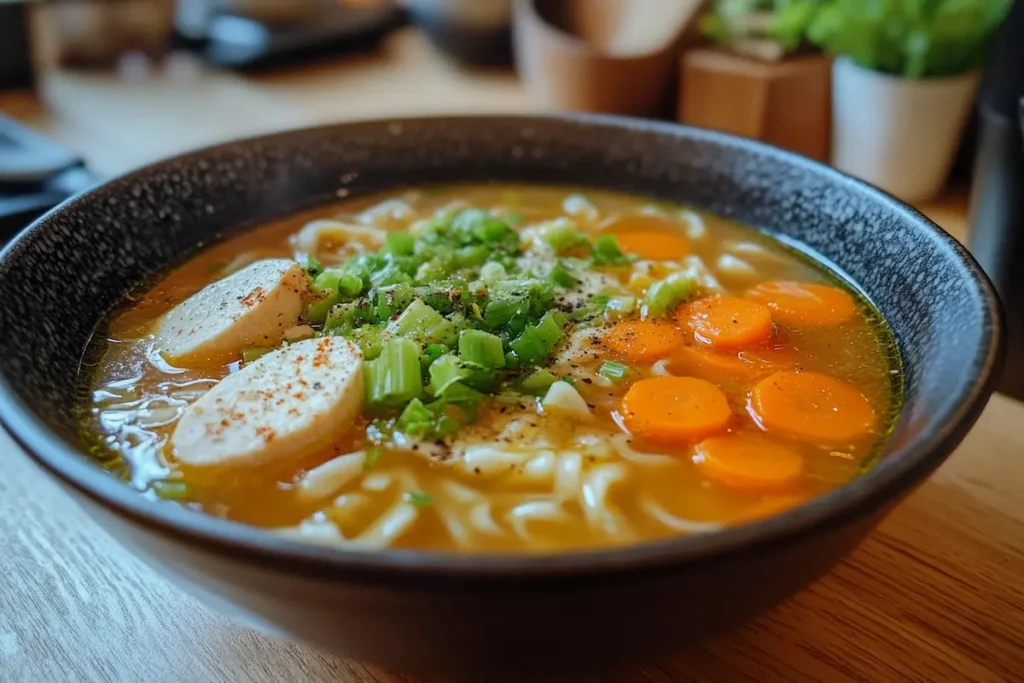 A bowl of noodle soup with sliced carrots, chicken meatballs, and chopped green onions.