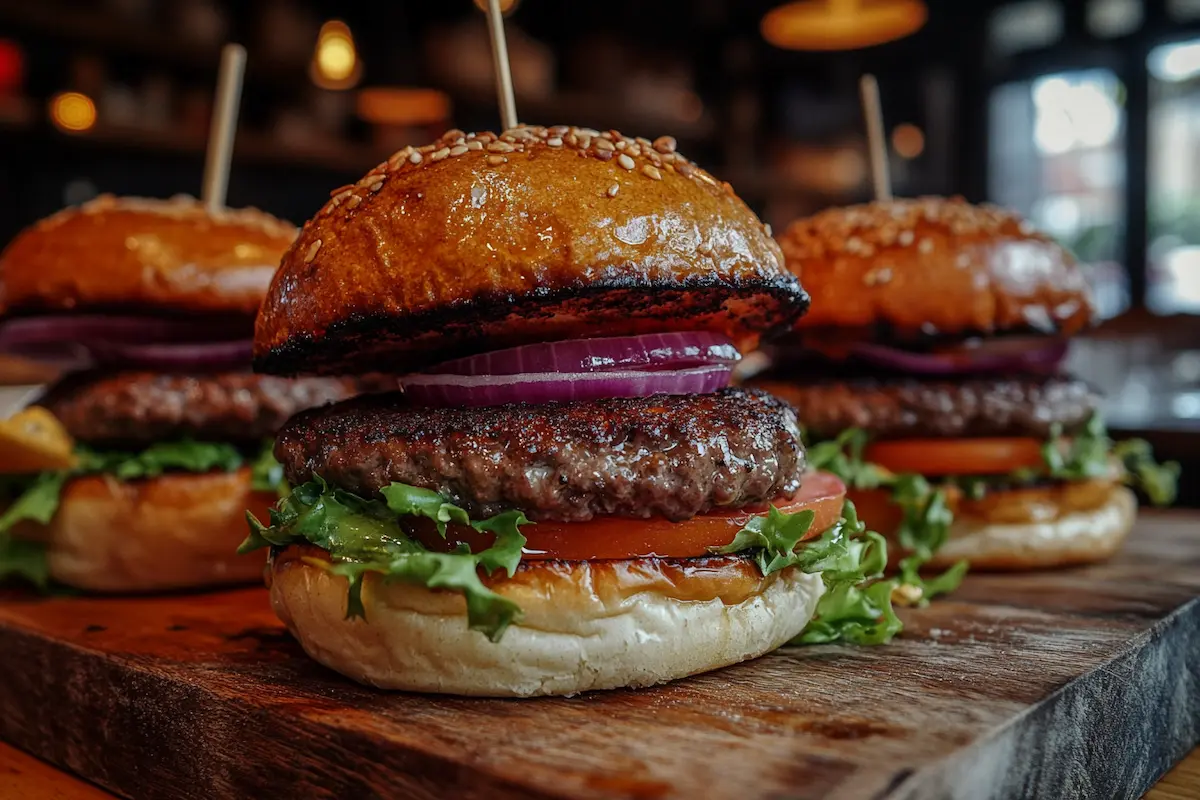 Three juicy burgers with sesame seed buns, toppings, and skewers sit on a wooden serving board.