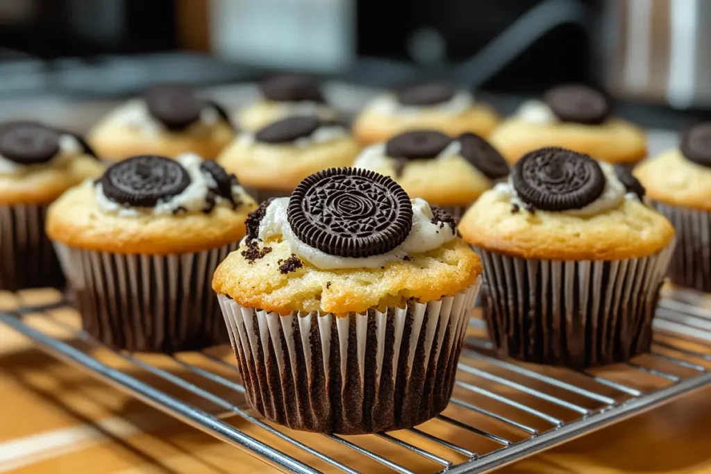 Several freshly baked cupcakes topped with white frosting and Oreo cookies cool on a wire rack.