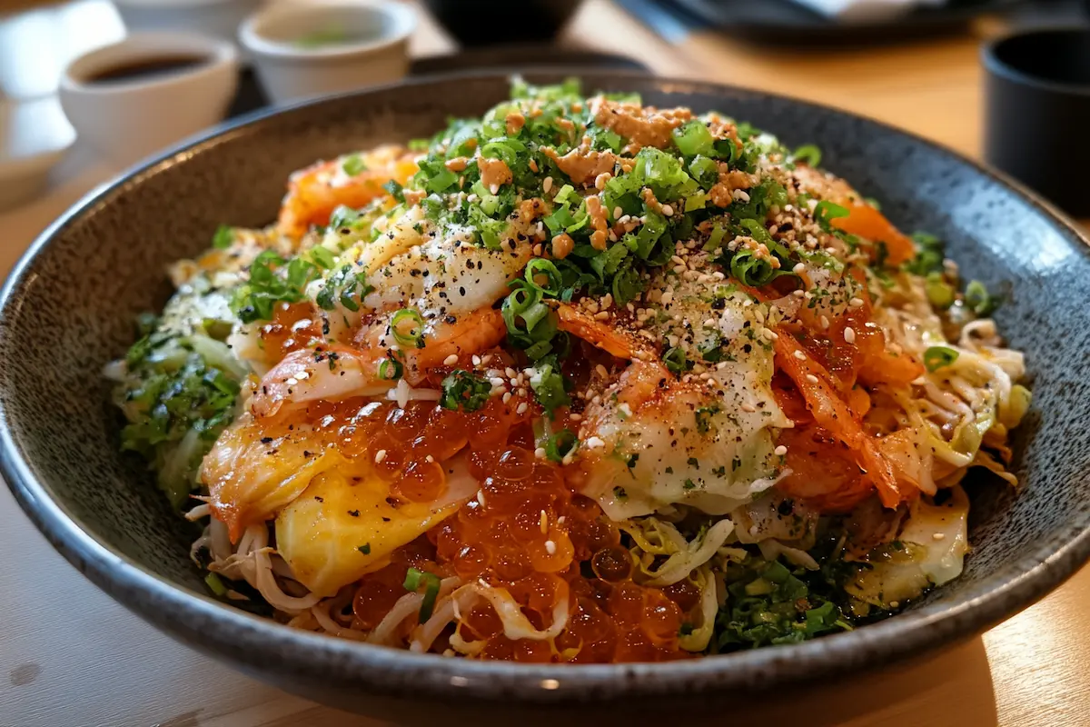 A bowl of colorful chirashi sushi is topped with roe, shrimp, and chopped green onions.