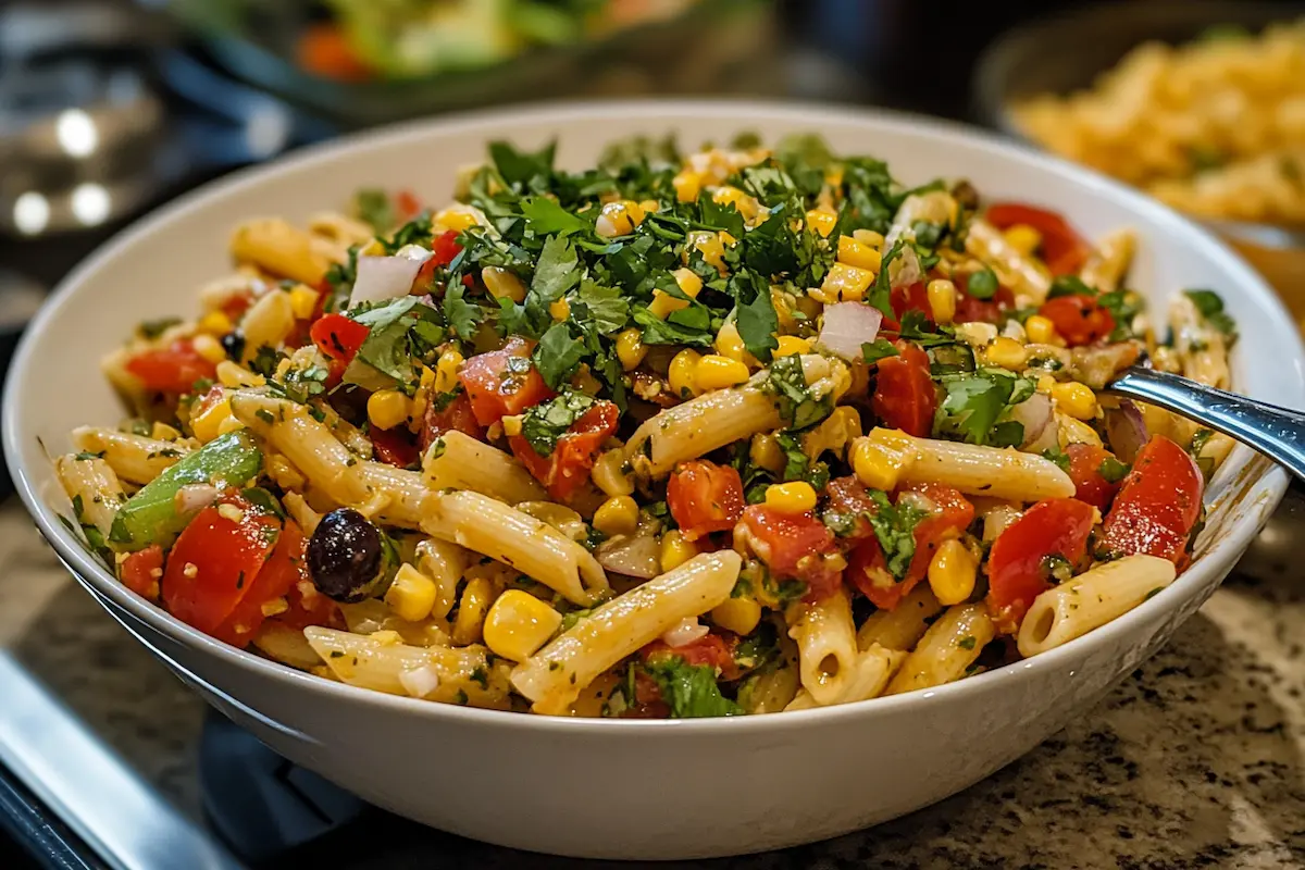 A bowl of pasta salad with corn, tomatoes, olives, and cilantro.