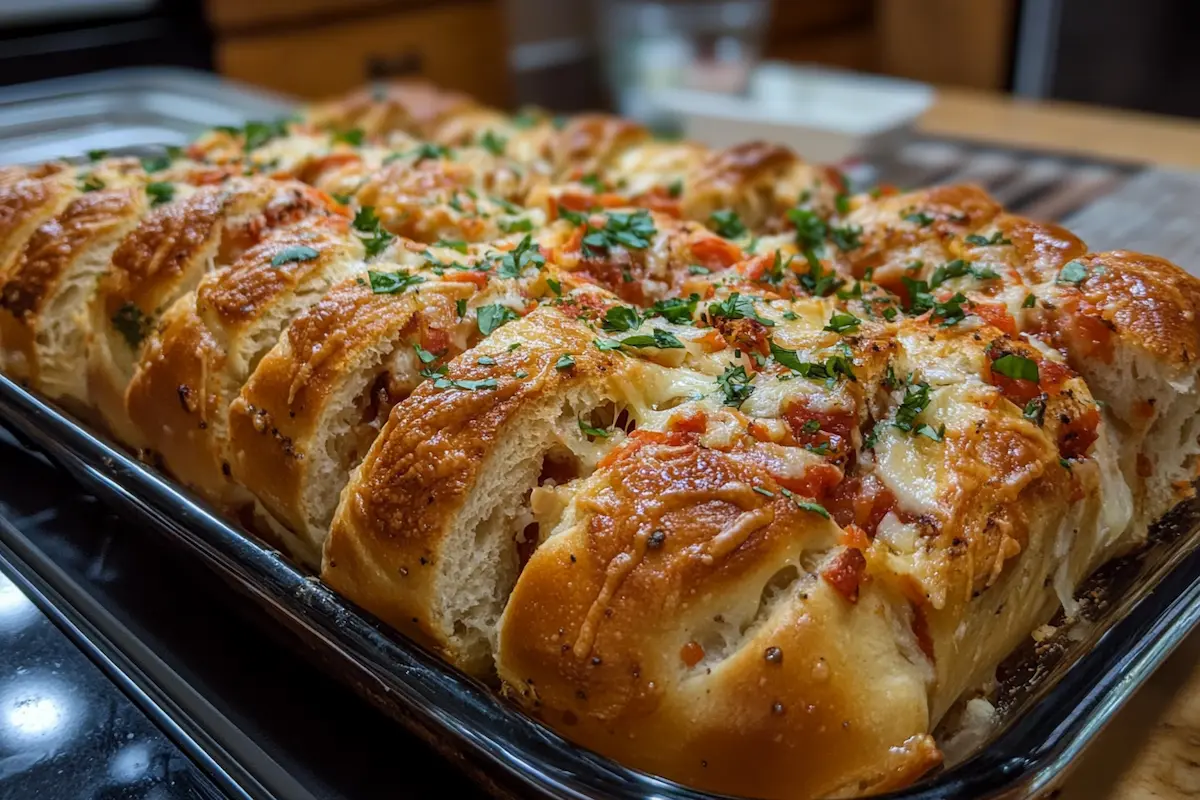 A loaf of cheesy pull-apart bread, partially sliced, sits in a glass baking dish.