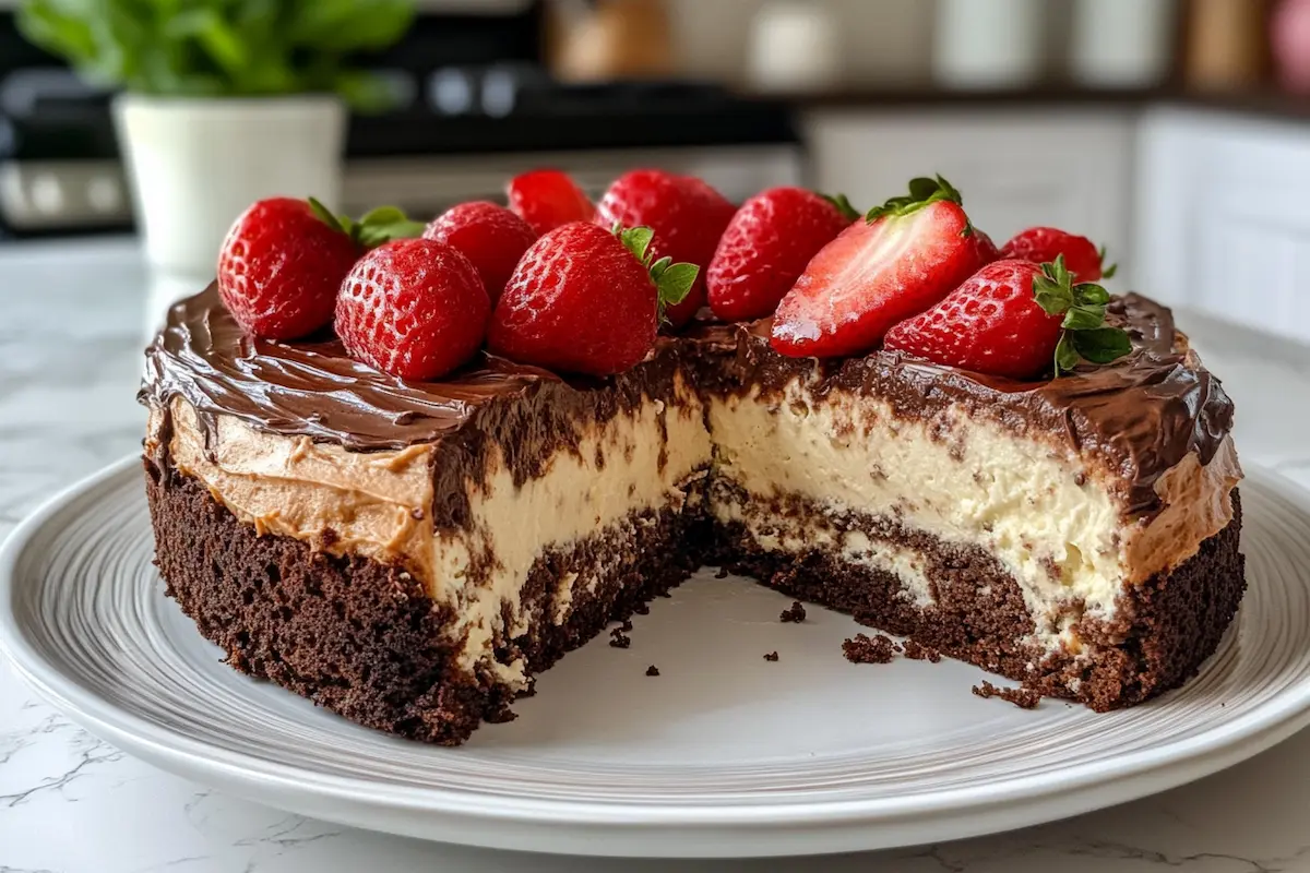 A chocolate cake with a creamy filling, topped with fresh strawberries and a chocolate ganache, is presented on a plate with a slice cut out.