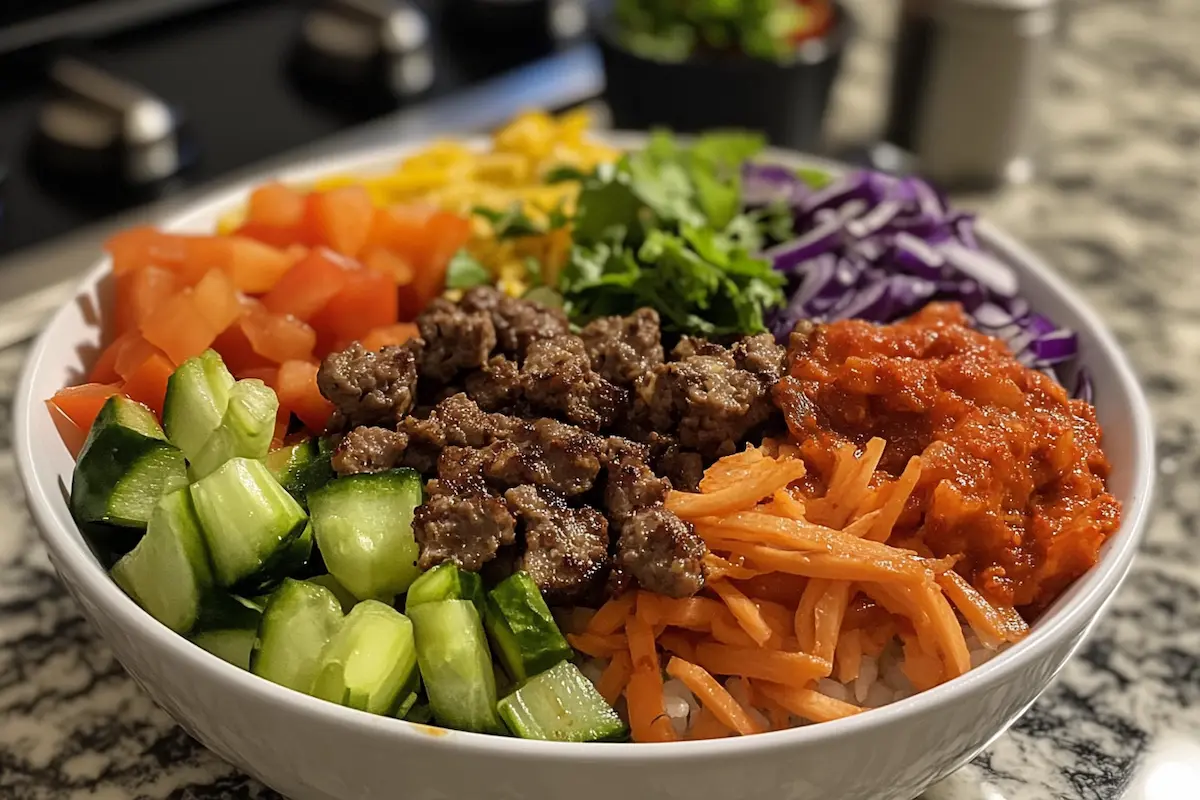 A vibrant bibimbap bowl is filled with colorful ingredients including ground beef, rice, cucumbers, tomatoes, carrots, red cabbage, and a spicy sauce.