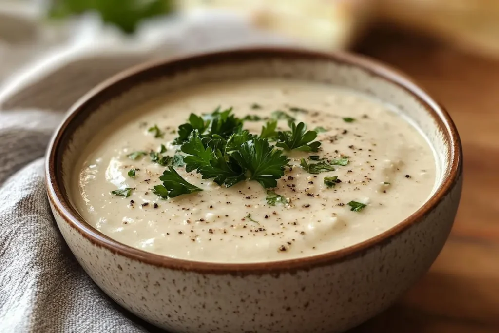 A bowl of creamy soup is topped with fresh parsley and black pepper.