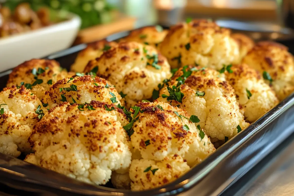 Roasted cauliflower florets topped with chopped parsley are served in a metal tray.