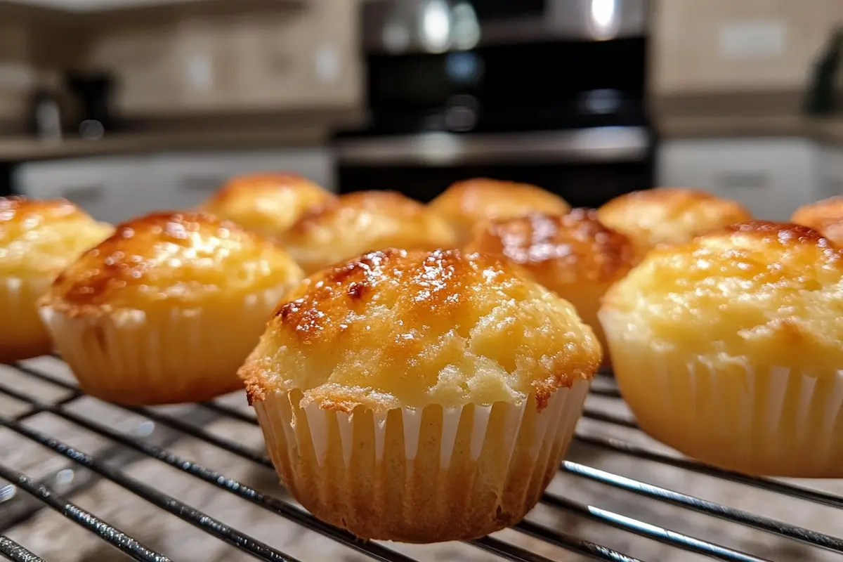 Several golden, freshly baked muffins cool on a wire rack.