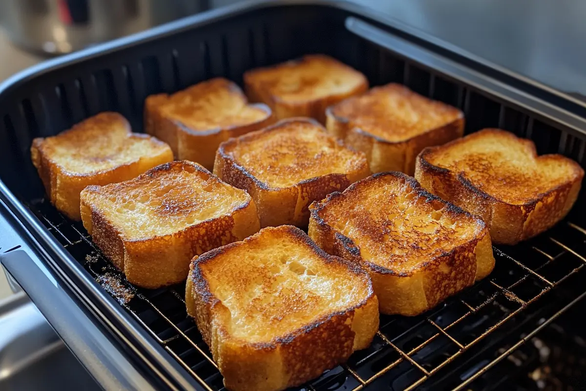 Several slices of golden-brown toast rest on a wire rack inside a black air fryer.