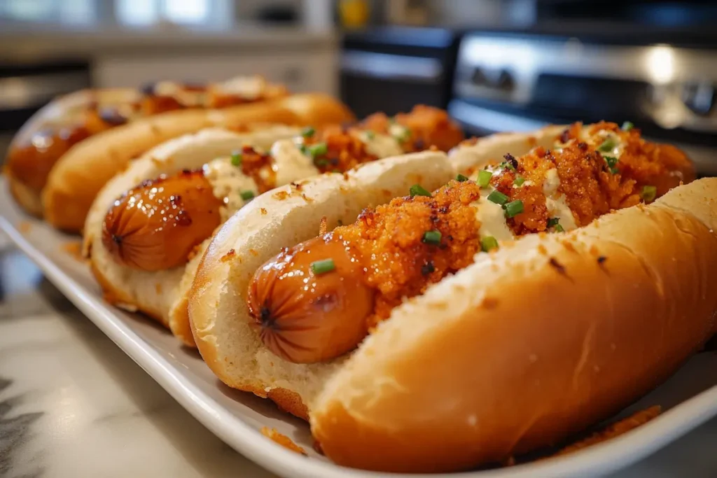 Several hot dogs topped with crispy fried onions and a creamy sauce are arranged on a white platter.