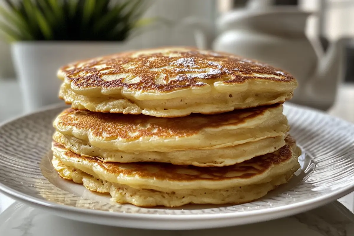 A stack of three golden-brown pancakes sits on a plate.