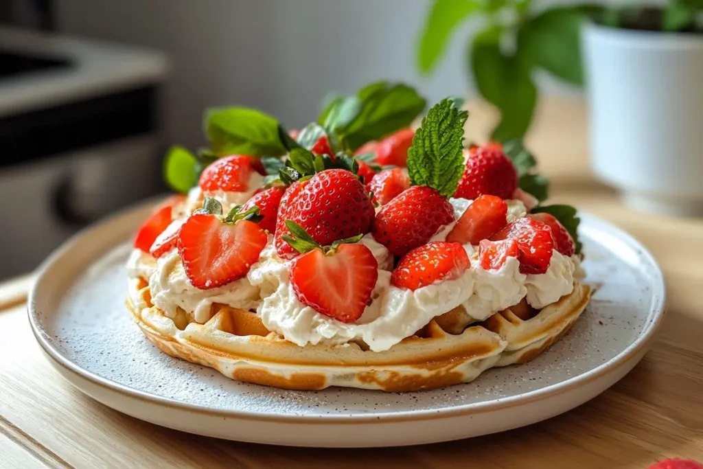 A golden waffle topped with whipped cream, fresh strawberries, and mint leaves sits on a speckled plate.