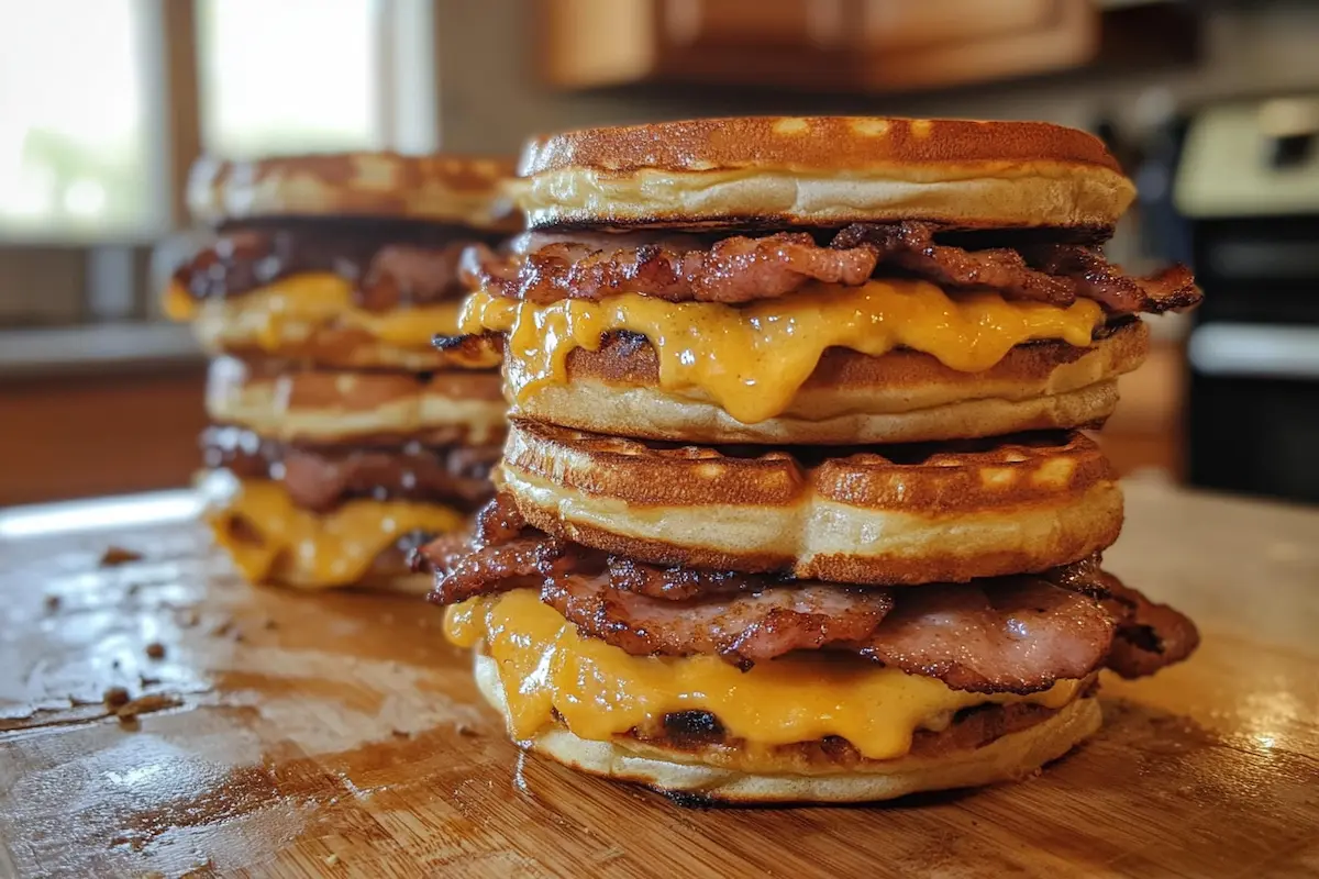 Waffles are used as buns for bacon and cheese sandwiches.