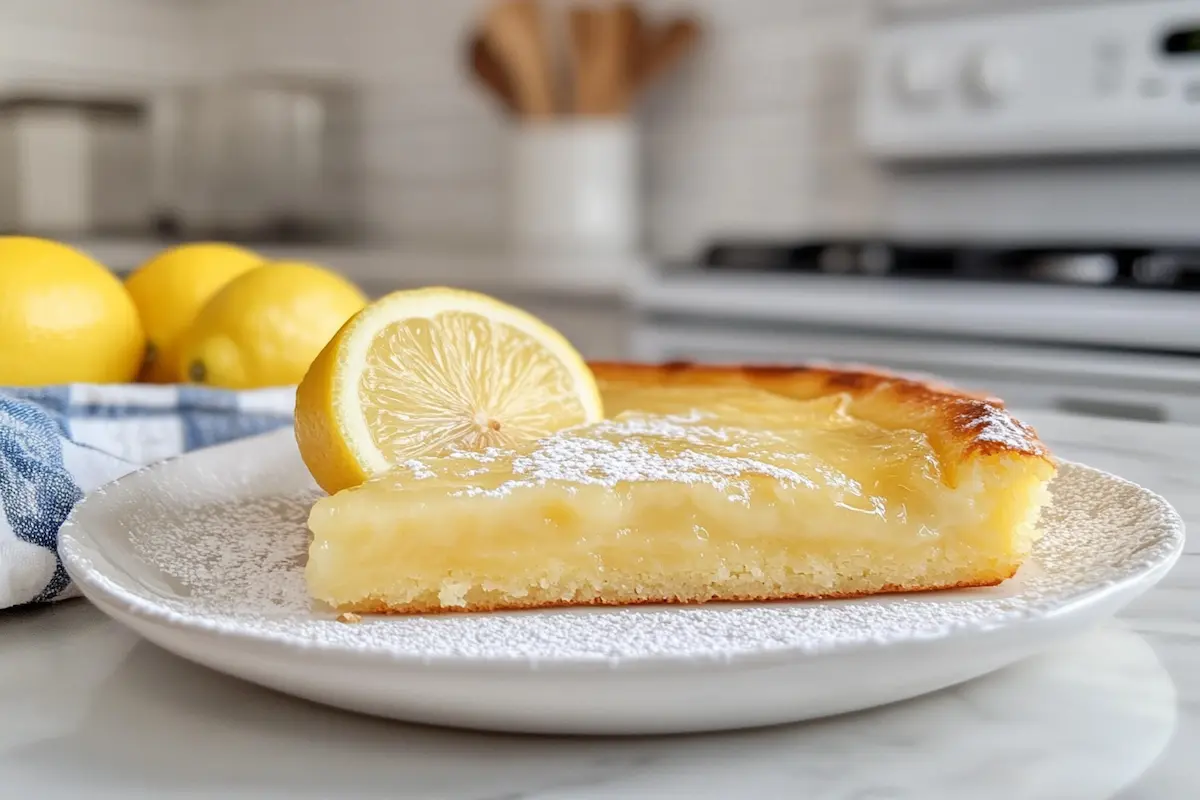 A slice of lemon tart dusted with powdered sugar sits on a white plate with a lemon wedge.