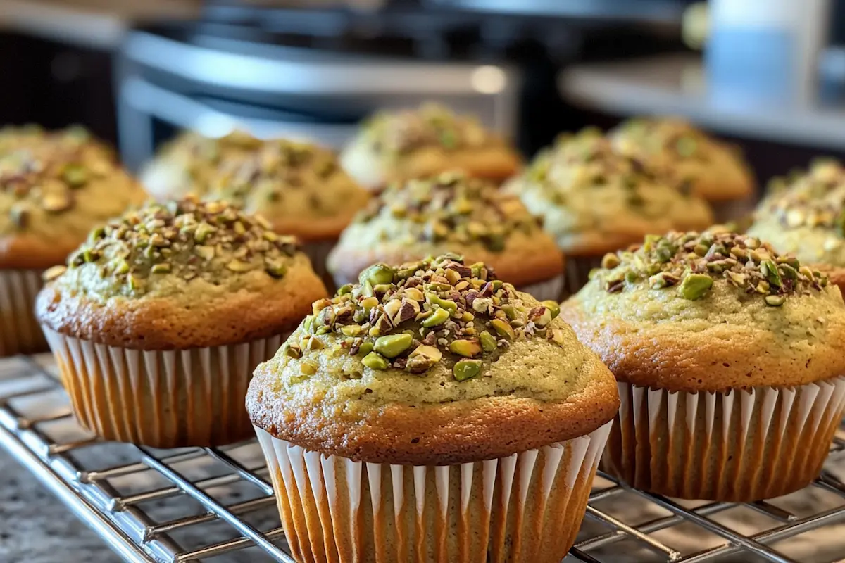 Pistachio muffins cooling on a wire rack.