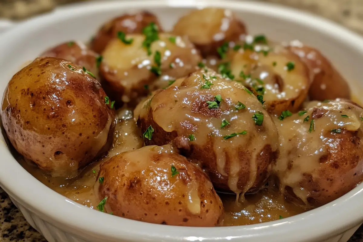 Small, roasted potatoes covered in gravy and sprinkled with parsley are served in a white bowl.