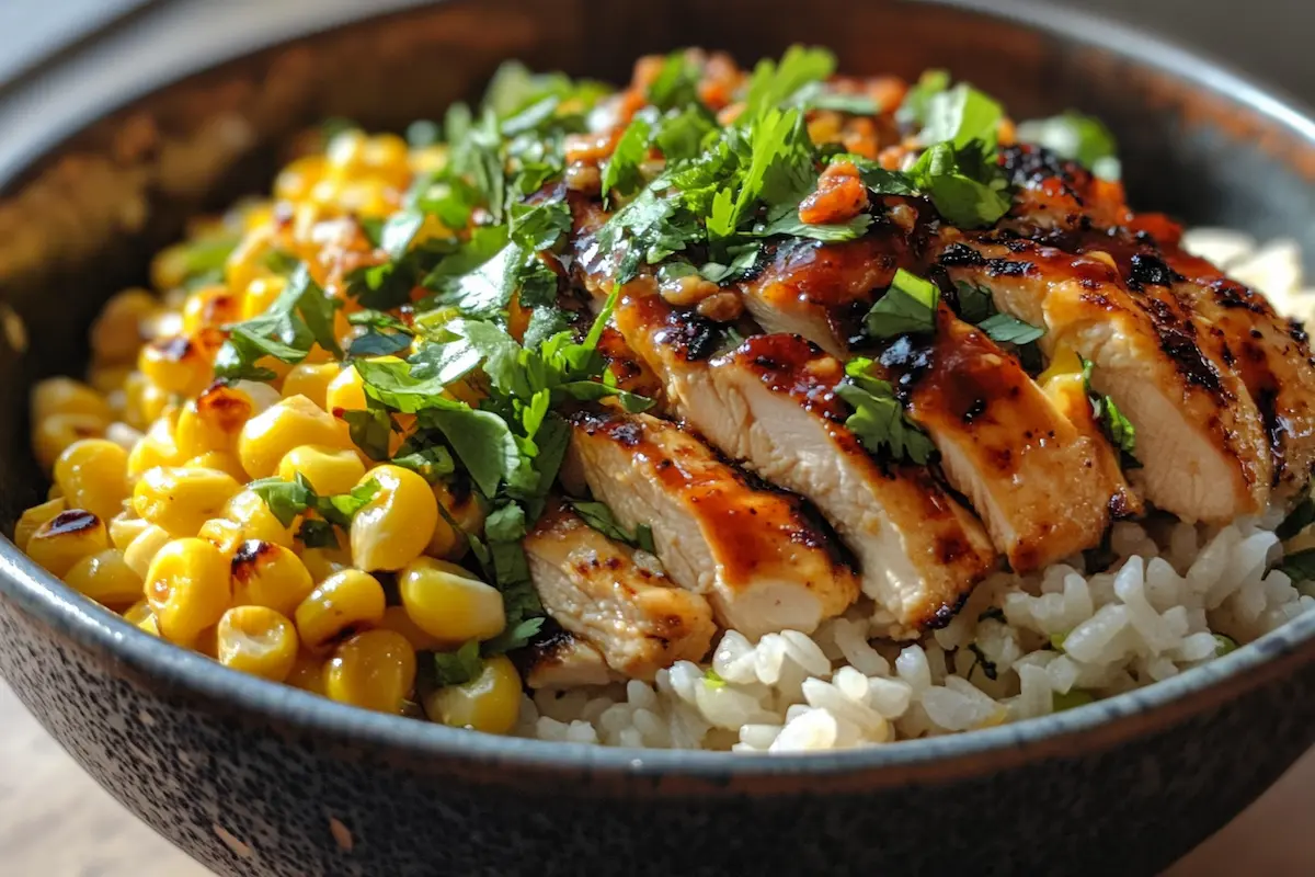 A bowl contains grilled sliced chicken, corn, rice, and chopped cilantro.