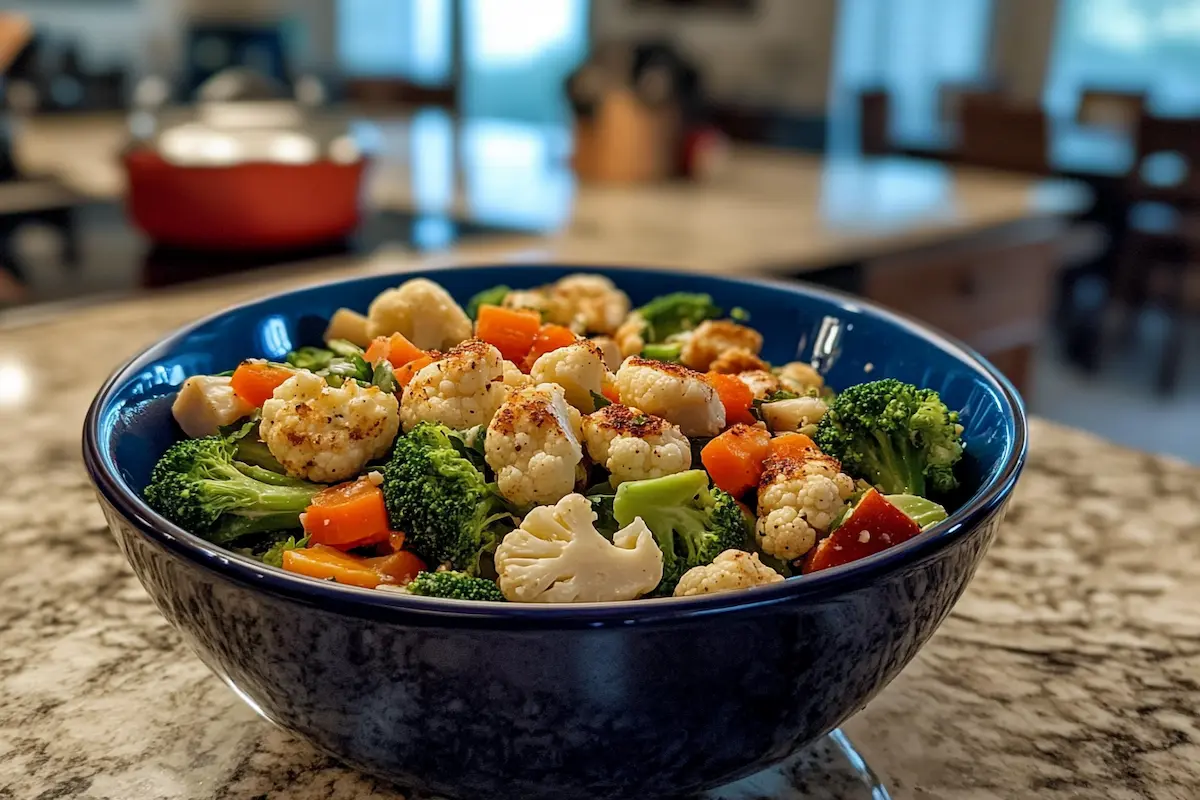 A blue bowl filled with roasted broccoli, cauliflower, and carrots sits on a kitchen counter.