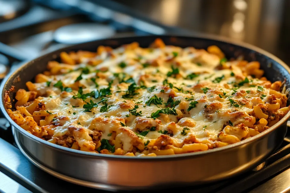 A skillet of baked pasta topped with melted cheese and fresh parsley sits on a stovetop.