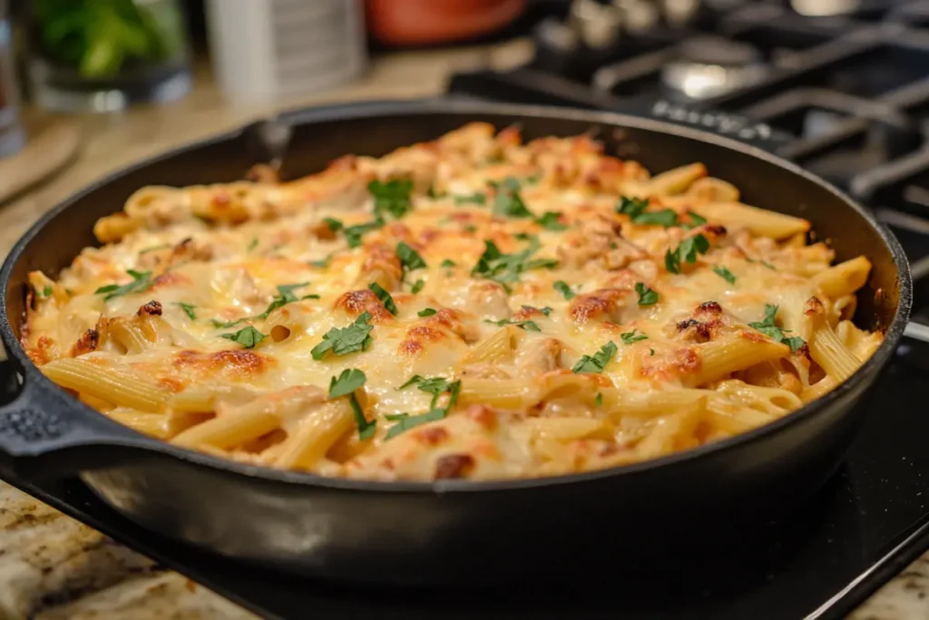 A skillet of cheesy baked pasta topped with fresh parsley sits on a stovetop.