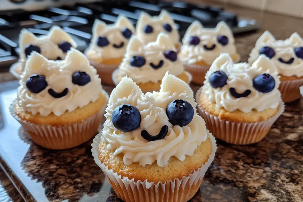 A batch of cupcakes decorated with vanilla frosting, blueberries, and chocolate to resemble smiling cat faces.