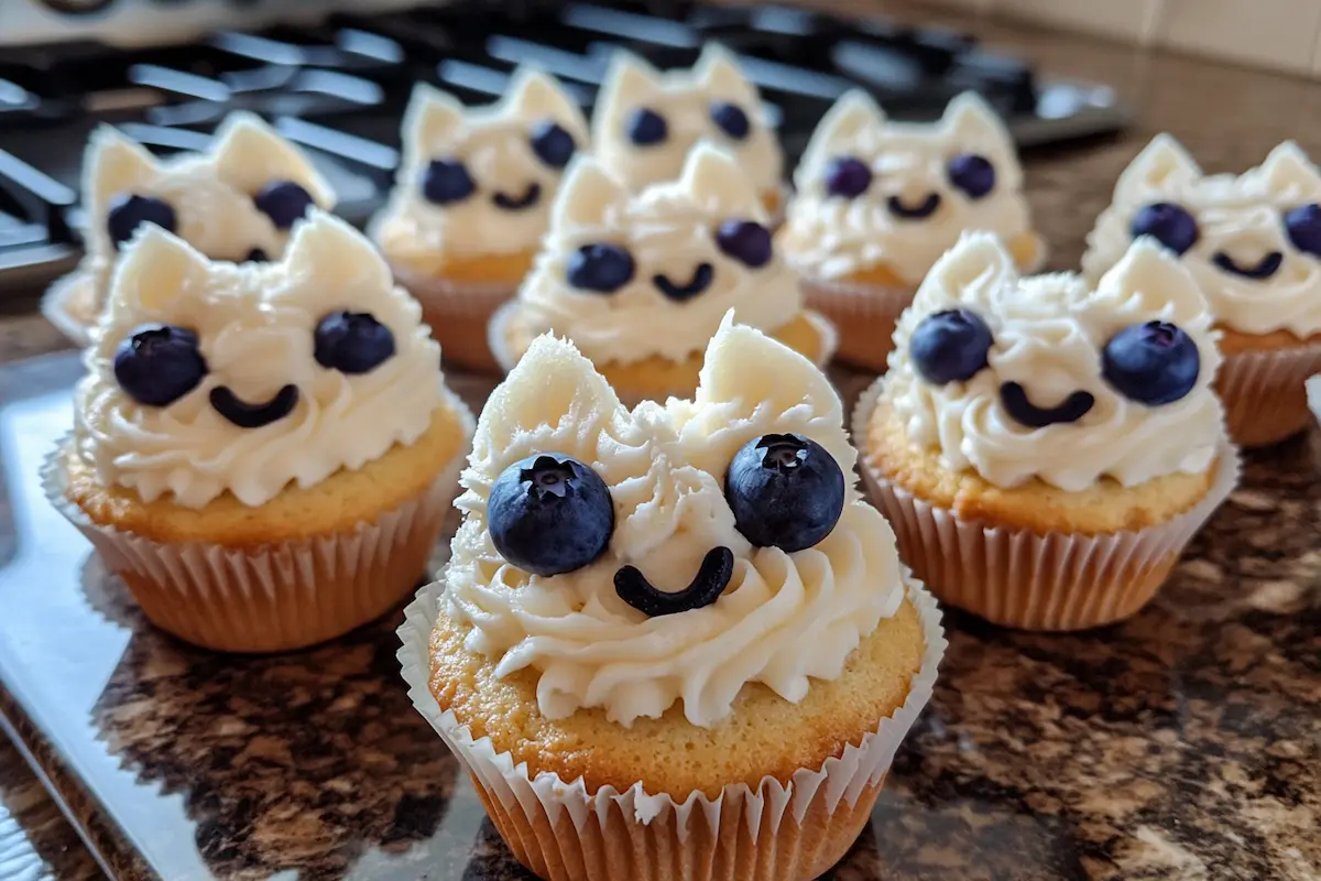 A batch of cupcakes decorated with vanilla frosting, blueberries, and chocolate to resemble smiling cat faces.