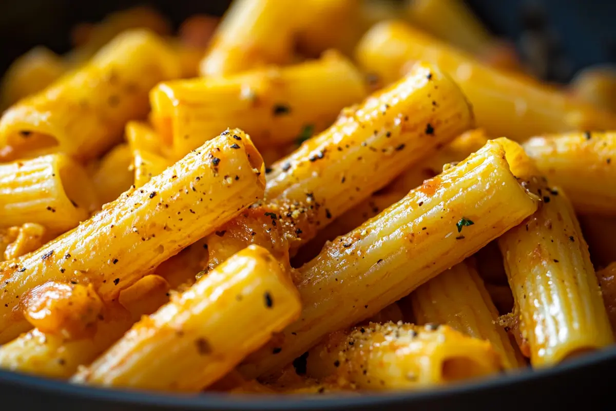 Close-up of rigatoni pasta coated in a vibrant orange tomato sauce and sprinkled with black pepper.