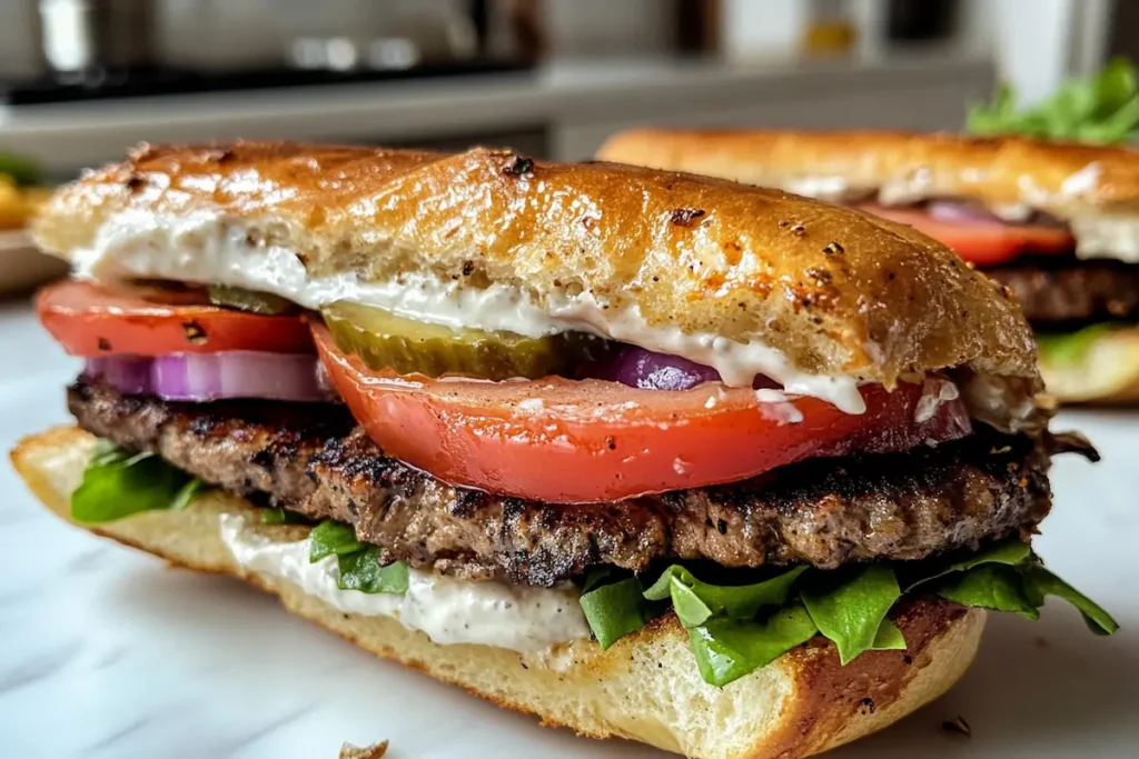 A close-up of a burger on a toasted bun with lettuce, tomato, red onion, pickles, and a creamy sauce.