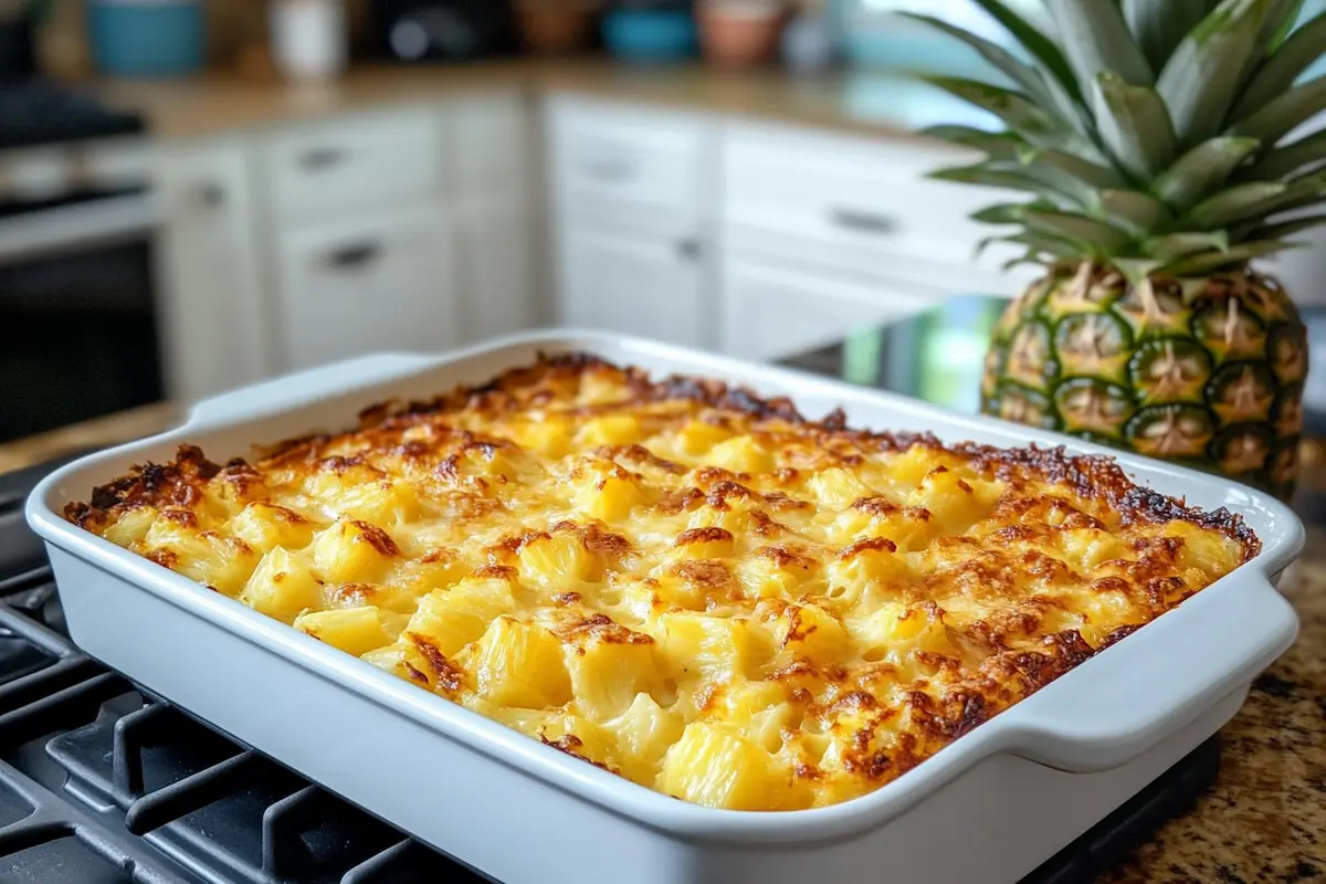 A cheesy pineapple casserole sits in a white baking dish on the stovetop.