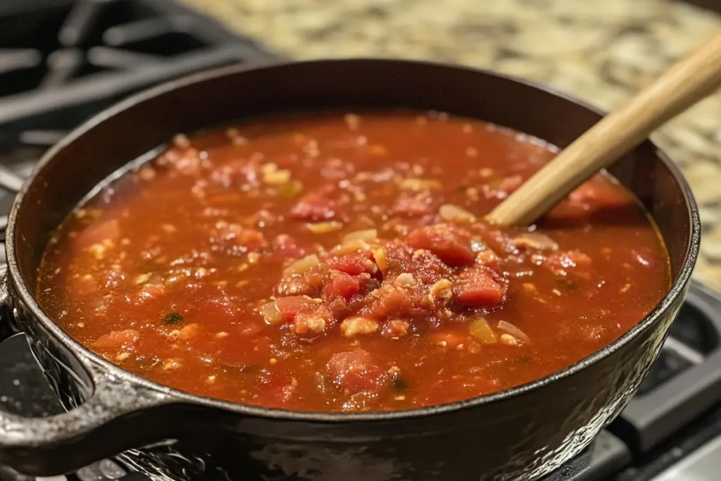 A black pot sits on a stovetop, filled with a chunky tomato-based soup and a wooden spoon.