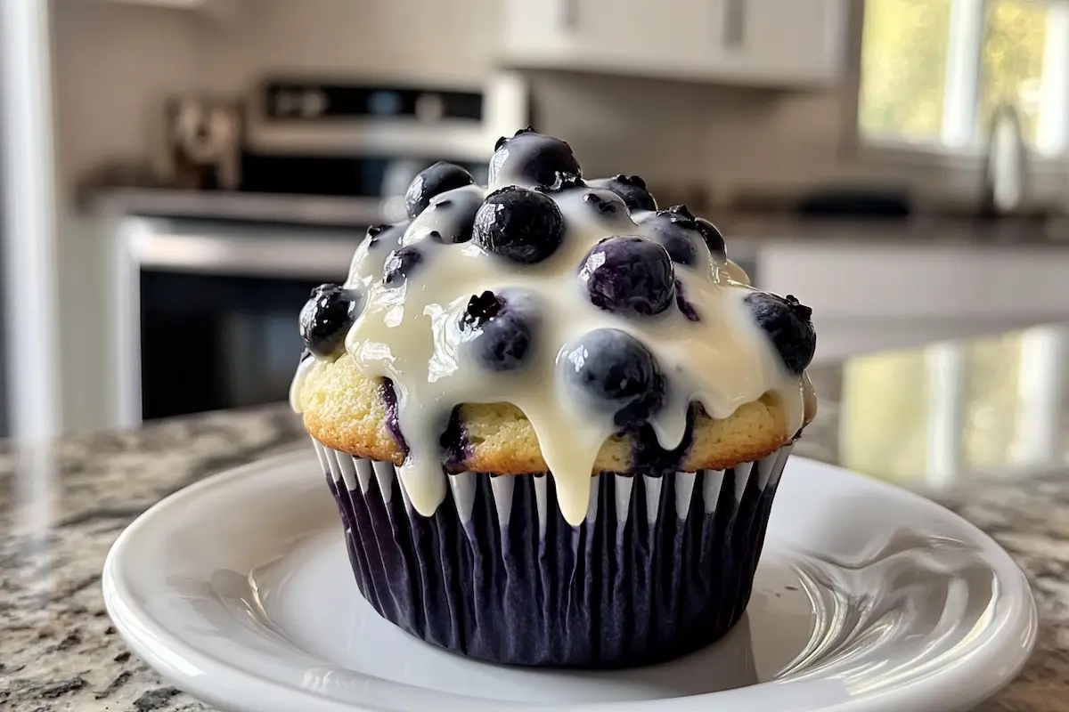 A blueberry muffin topped with fresh blueberries and a creamy white glaze sits on a white plate.