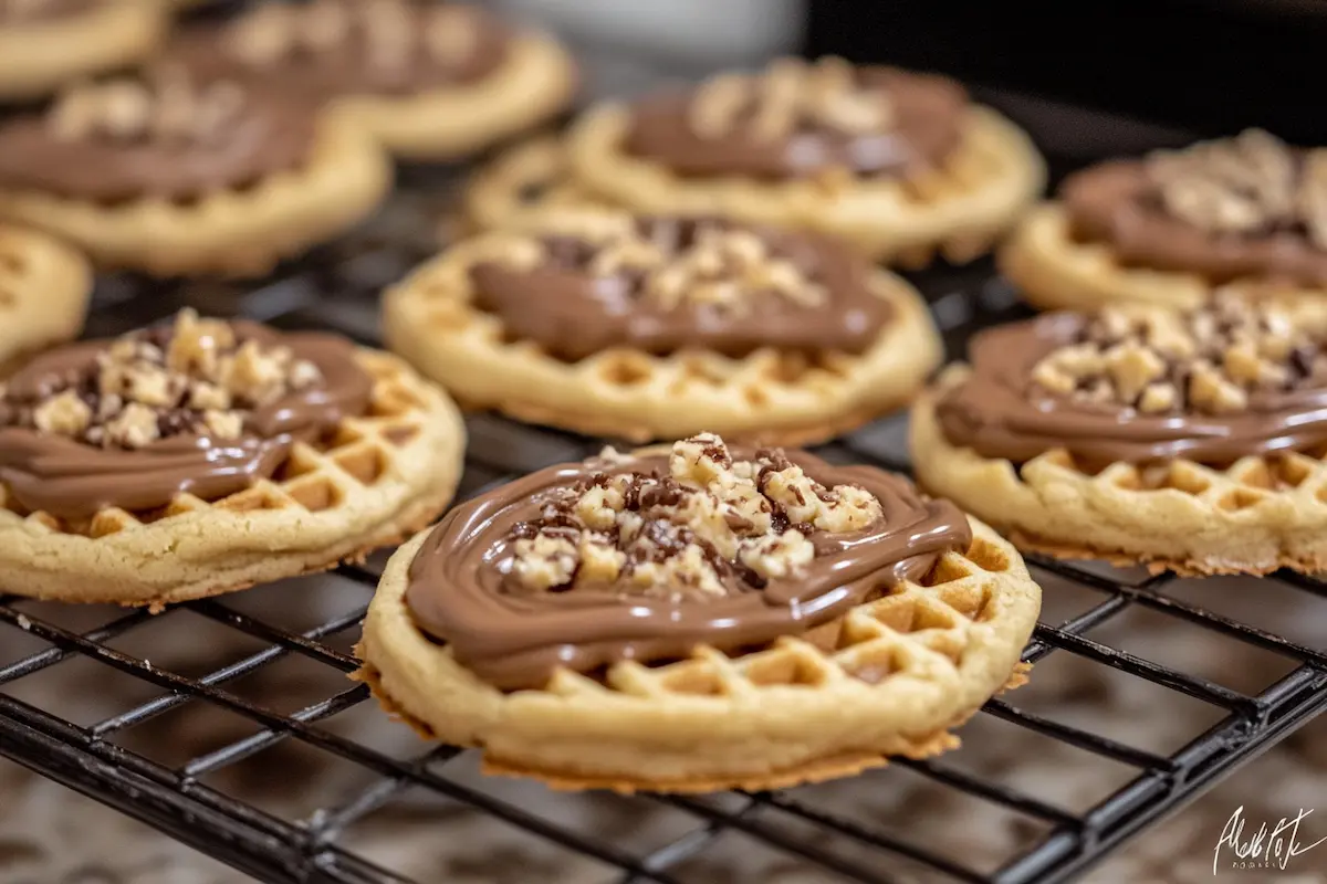 Round waffle cookies topped with chocolate spread and chopped nuts sit on a black wire rack.