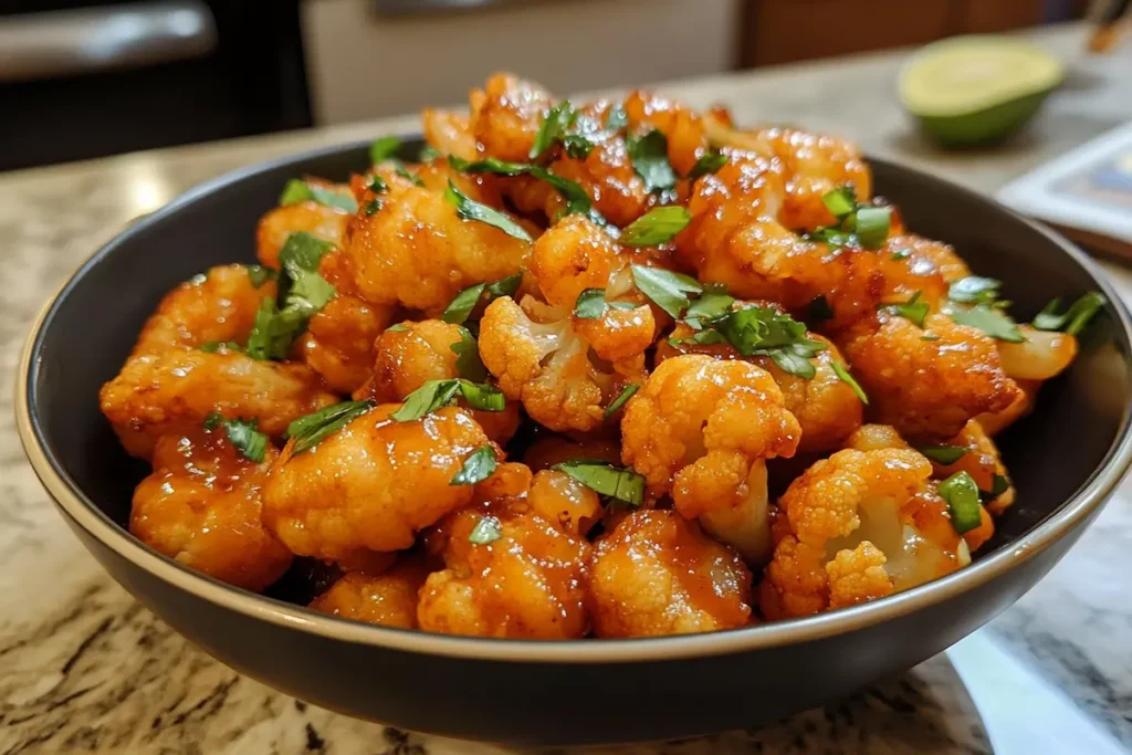 A bowl of roasted cauliflower florets coated in a vibrant orange sauce and garnished with fresh parsley.