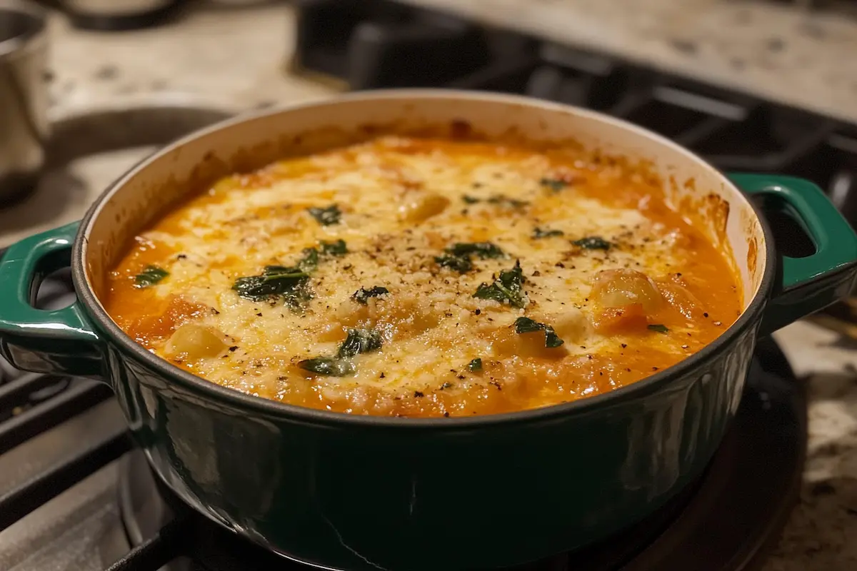 A green pot filled with cheesy tomato gnocchi and basil sits on a stovetop.