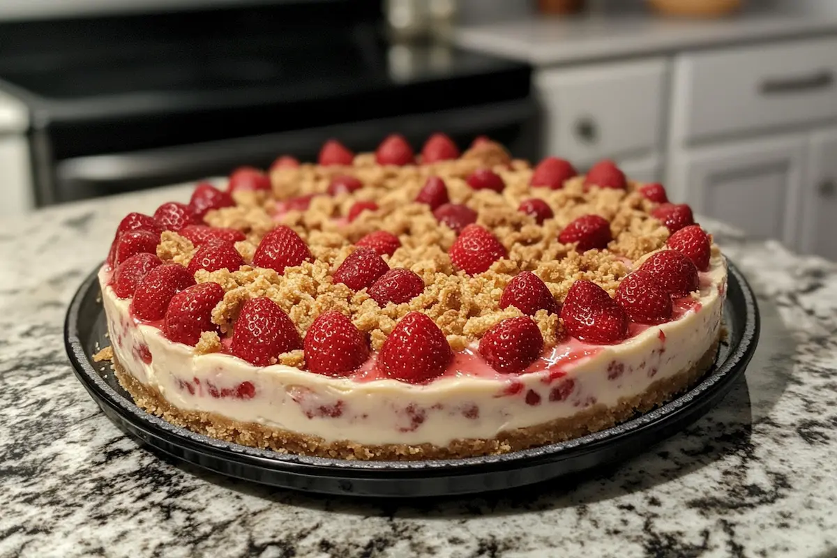 A whole strawberry cheesecake topped with fresh strawberries and a crumble sits on a marble countertop.