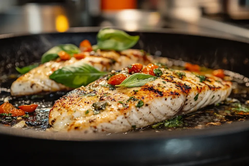 Two pieces of grilled fish are topped with chopped herbs and tomatoes in a skillet.