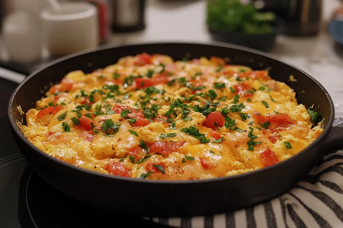 Scrambled eggs with tomatoes, cheese, and parsley are cooked in a cast iron skillet.