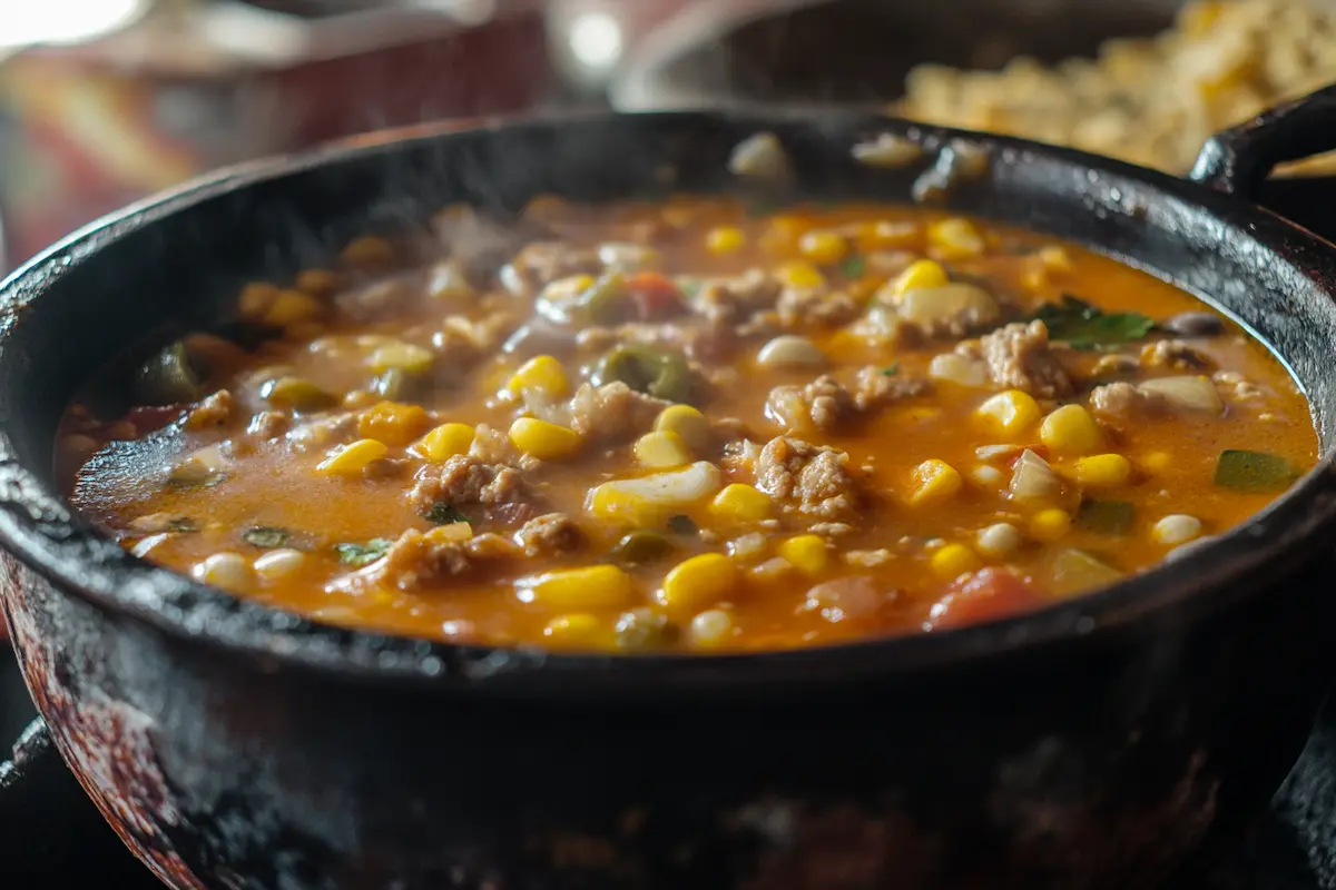 Steaming hot soup with corn, meat, and vegetables cooks in a black pot.