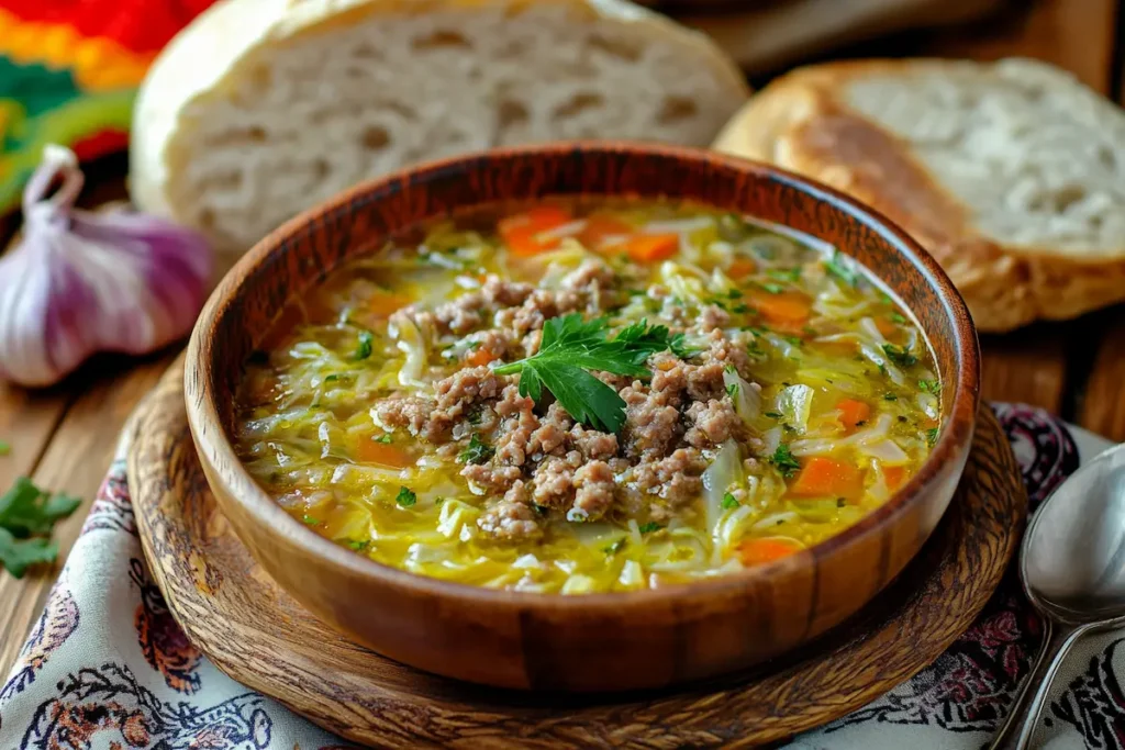 A wooden bowl of cabbage soup with ground meat and parsley sits on a wooden table with bread and garlic in the background.