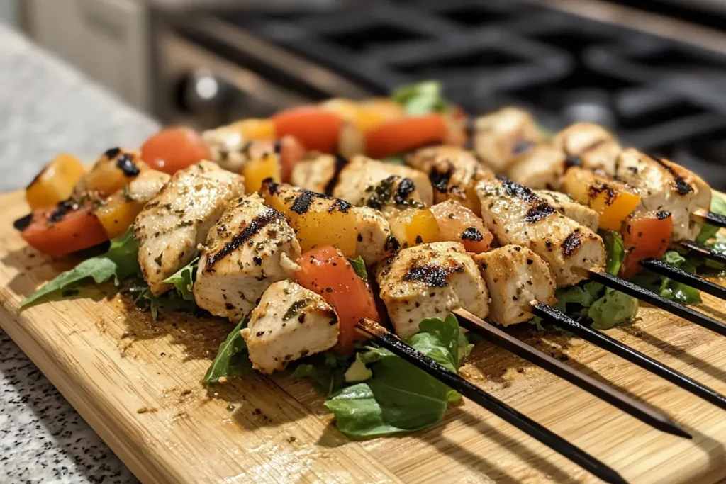 Grilled chicken and vegetable skewers are arranged on a wooden cutting board.