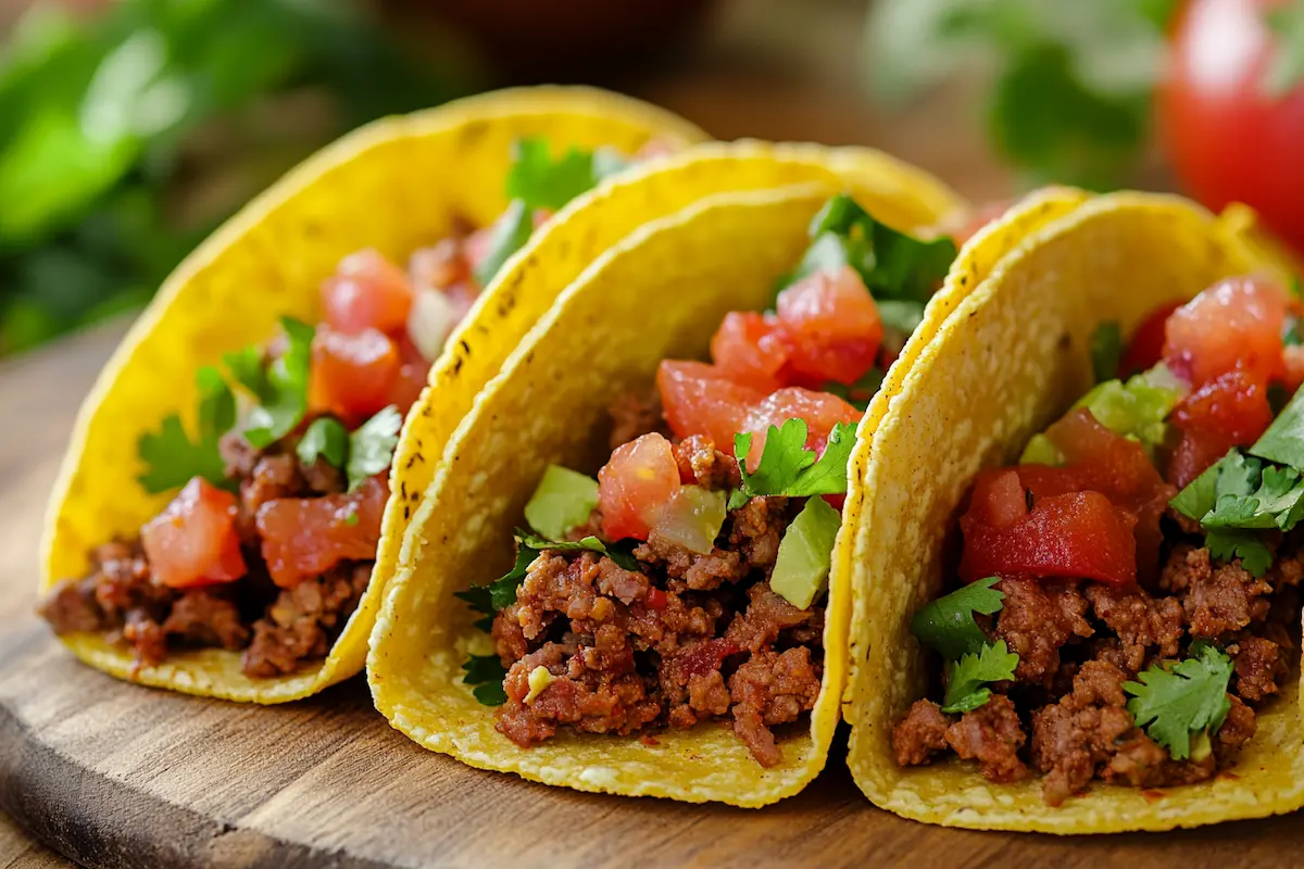 Three ground beef tacos topped with diced tomatoes, cilantro, and other toppings sit on a wooden board.