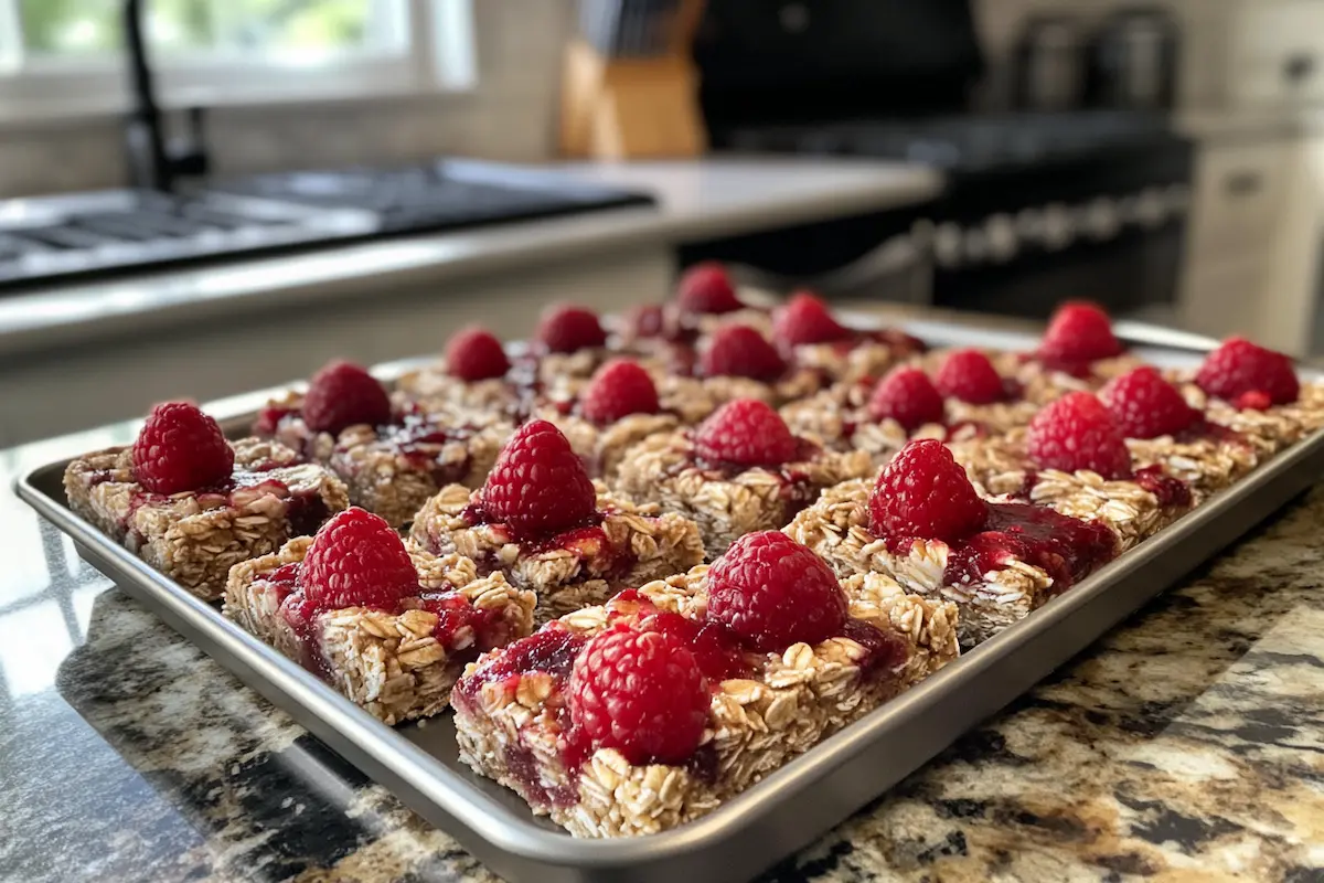 A baking sheet full of oat bars topped with fresh raspberries and raspberry jam.