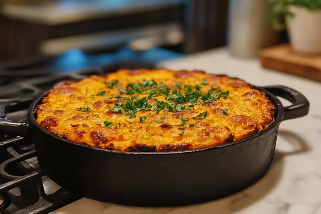 A golden-brown, bubbly casserole topped with fresh parsley sits in a cast iron skillet.