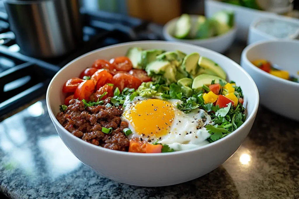 A white bowl filled with seasoned ground beef, a fried egg, sliced avocado, chopped tomatoes, and other colorful ingredients sits on a kitchen counter.