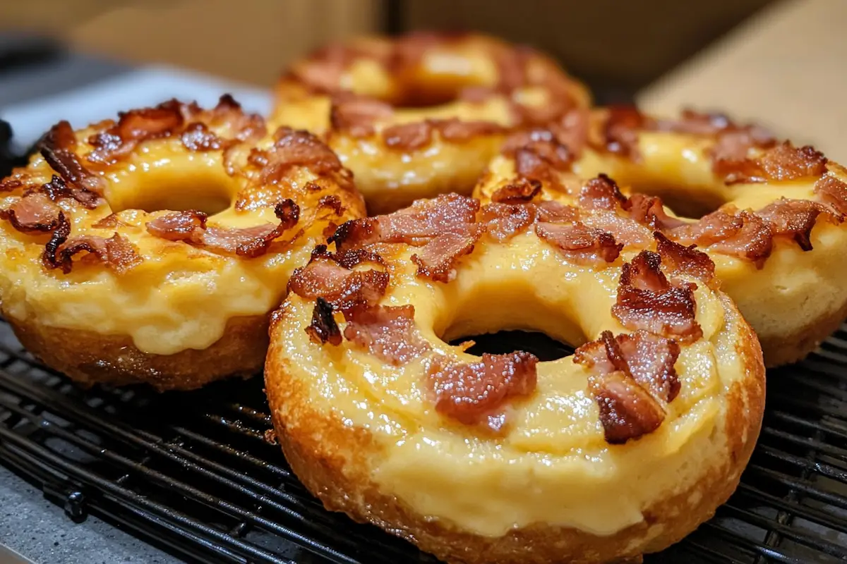 Four donuts topped with a creamy glaze and crispy bacon bits sit on a black cooling rack.