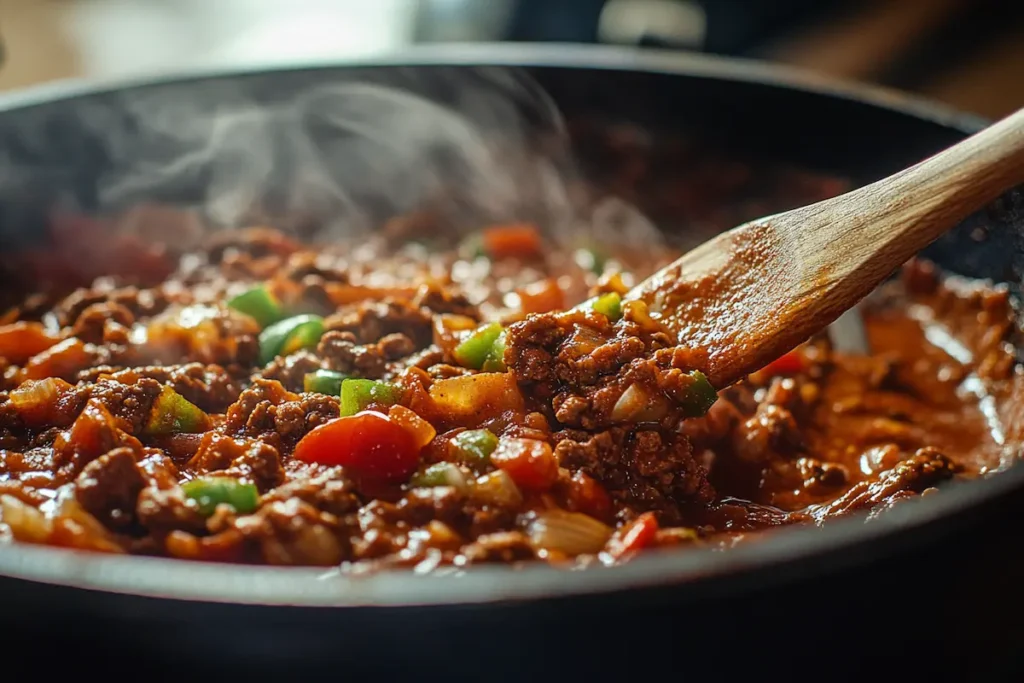 A steaming skillet of chili with ground beef, tomatoes, and green peppers is being stirred with a wooden spoon.